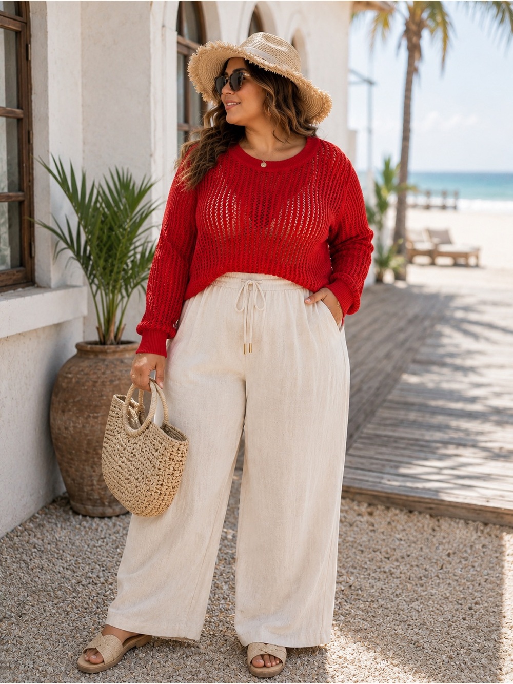 Coastal Coral Red Open Knit Pullover Sweater Chic